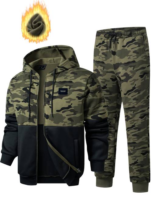 mens military style camouflage hoodie pants long sleeve zip up with pockets casual outdoor sportswear casual sportswear camouflage hoodie stretchy fabric