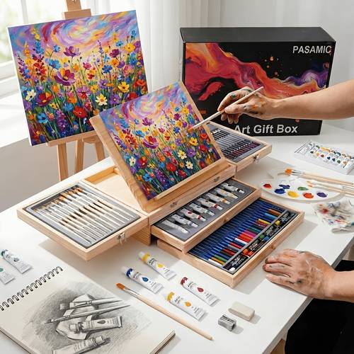 85pcs deluxe wooden art supplies art kit with easel and acrylic pad for artist beginners and professional creative gift box sketching pencils brushes christmas halloween back to school easter st patricks day