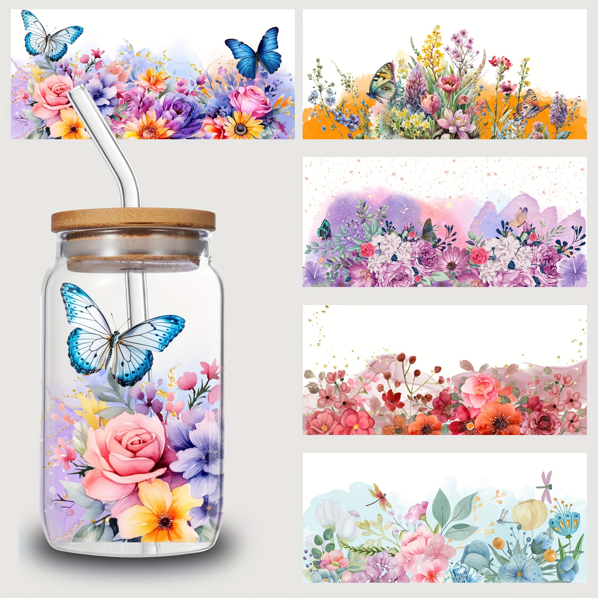 

5 Sheets Flower Uv Dtf Transfer Sticker Cups Diy Wrap Transfer Sticker Glass Cup Waterproof Sticker Bottle Sticker Adhesive Sticker-high Quality