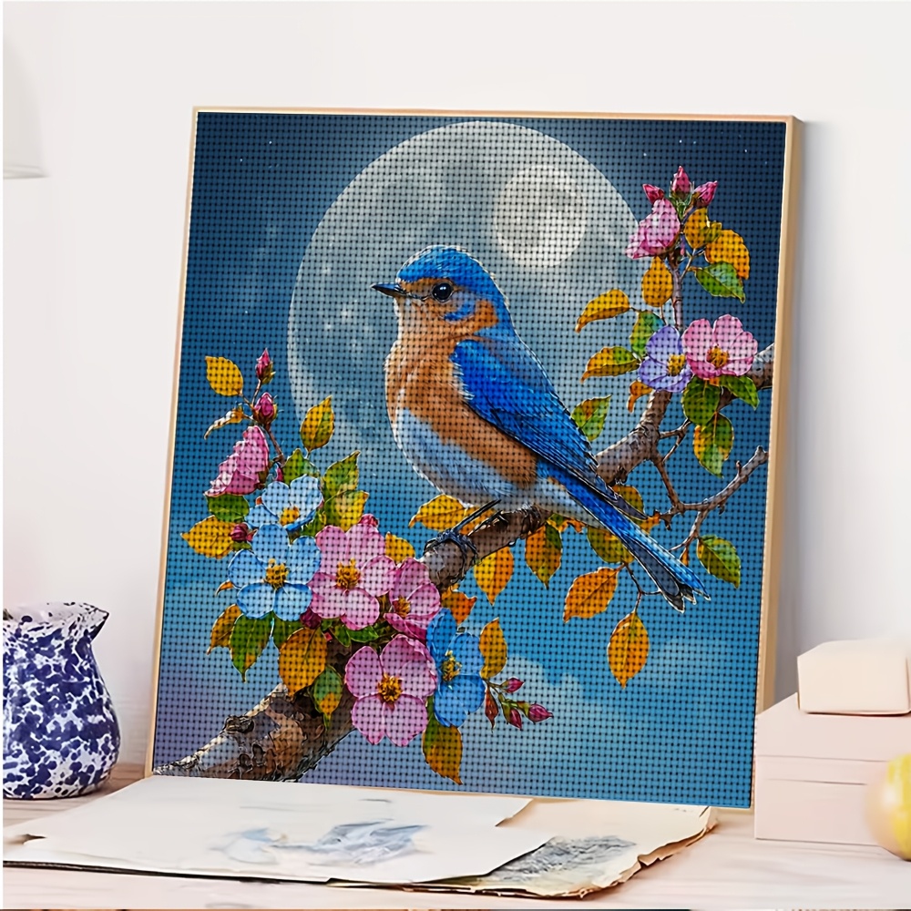 DIY Cross Stitch Printed Kit, Frameless, Blue Bird Perched on a Flowering Branch