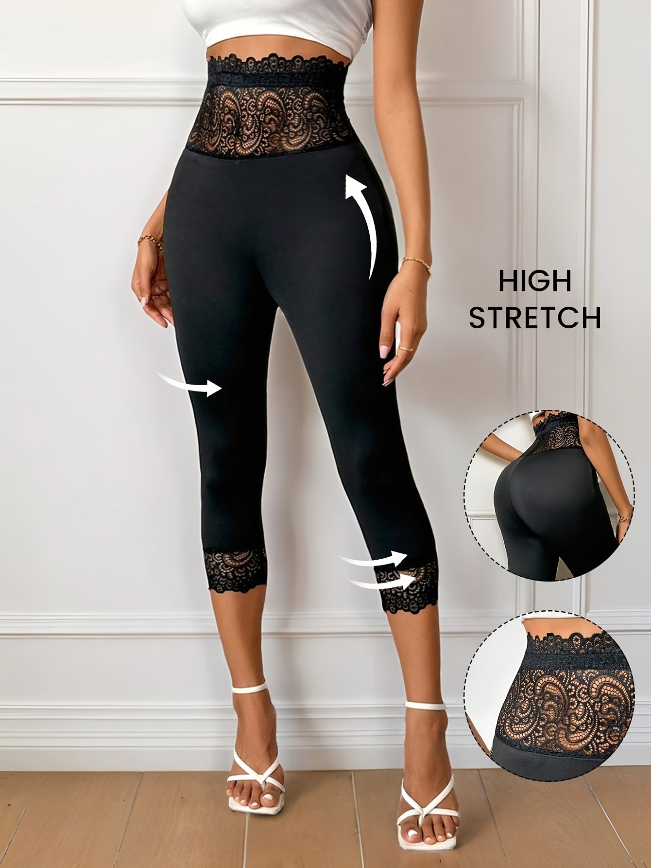 leggings capri taille haute femmes dentelle extensibles Temu