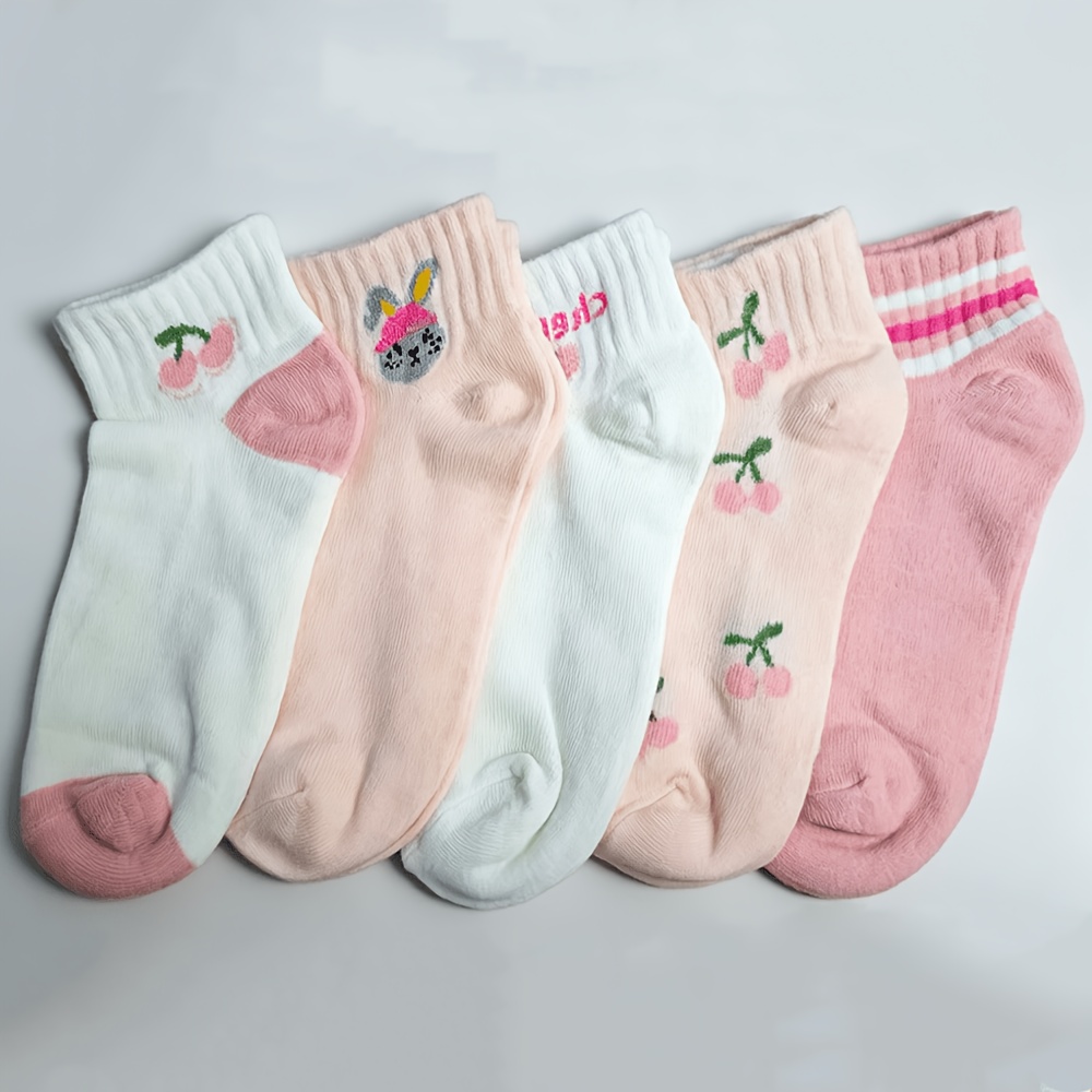Image of 5 Pairs Of Women's Pink Short Socks, Cartoon Style, Fresh And Cute