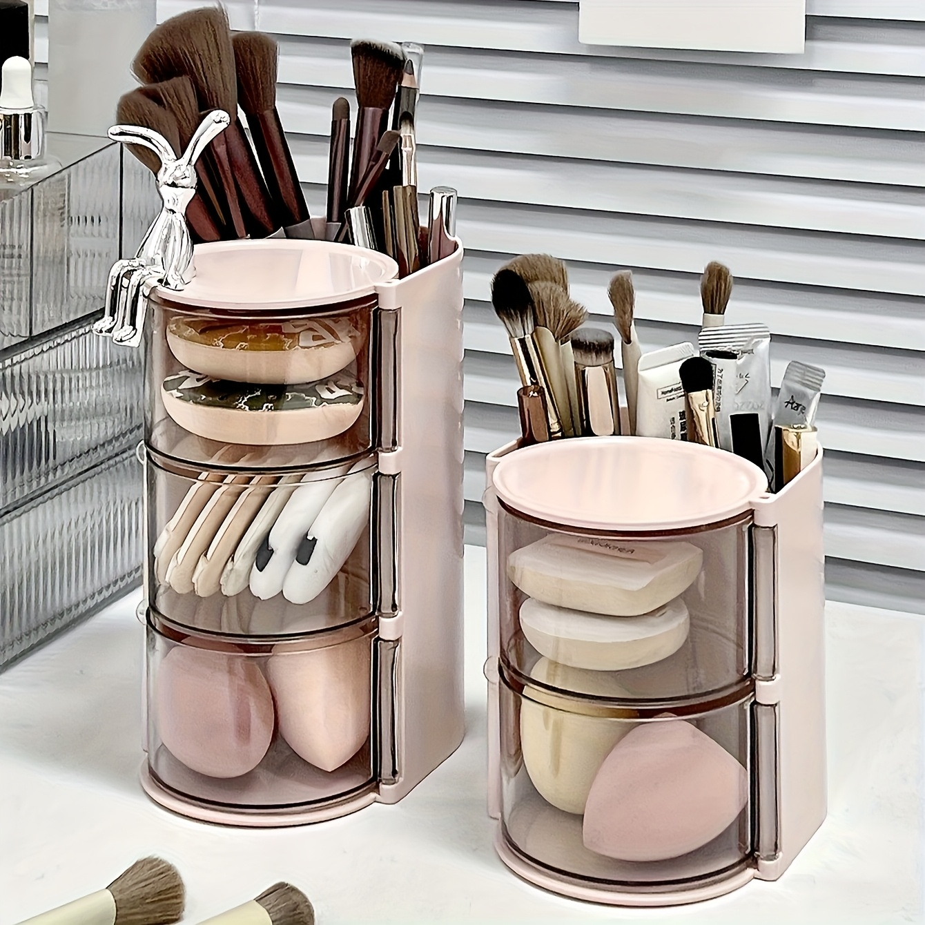 2 3 tier makeup organizer with brush holder dustproof white pink powder     dsktop cushions holder container with brushes case hair clip jewelry storage drawel bin   vanity table bathroom Product details 7