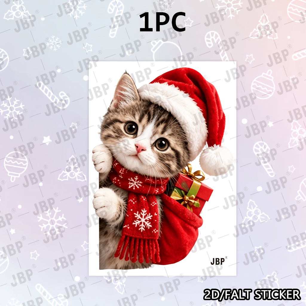TEMU Fun Peeking Cat Christmas Window Decal, Cute Kitty With Gift Bag Glass Sticker, See Through Removable Window Sticker, Warm Humorous Snow Scene
