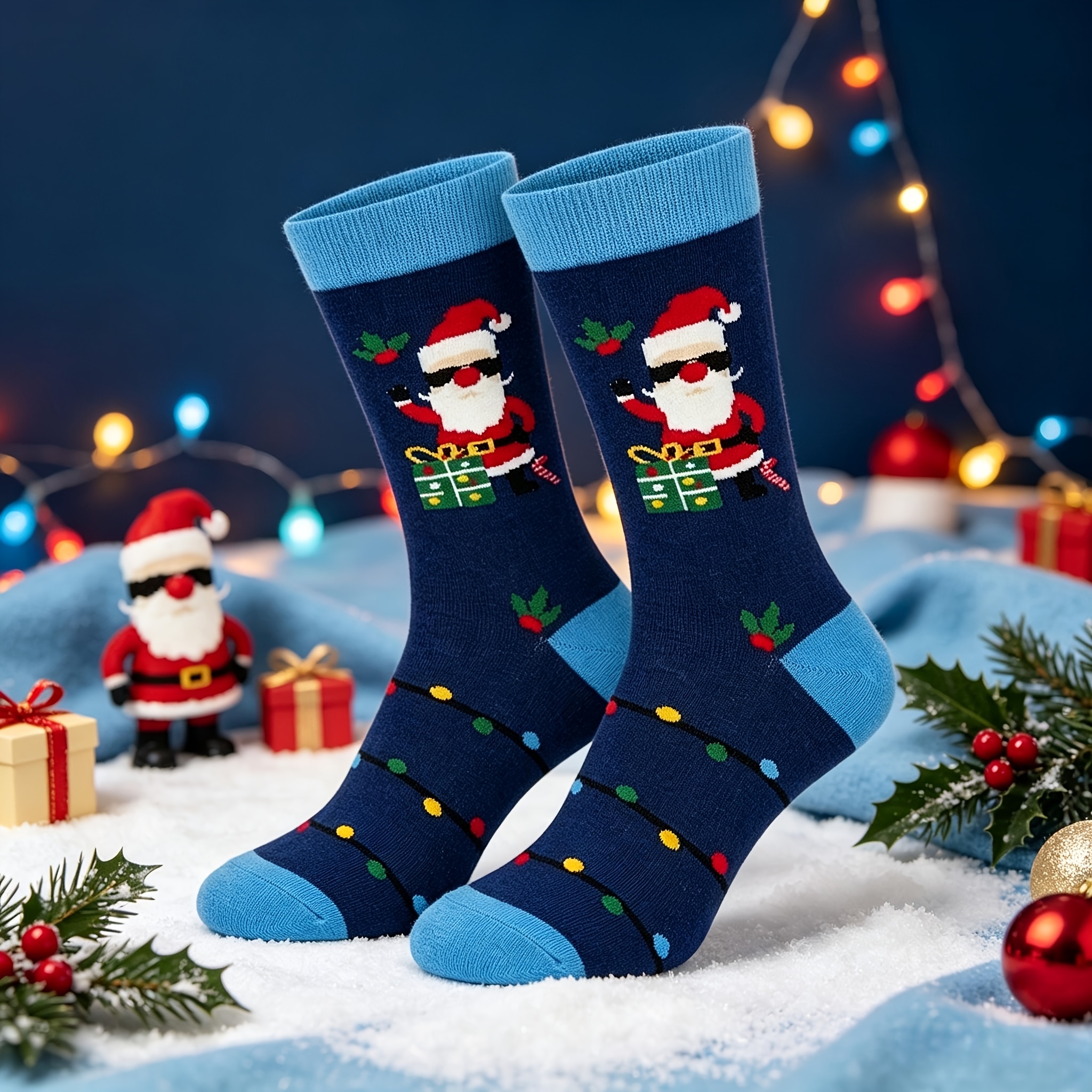 TEMU 1 Pair Men's & Unisex Santa With Fashion Glasses & Christmas Lights Socks - Stretchy Mid-calf Gift Box Pattern Suitable For Party, Daily Wear,