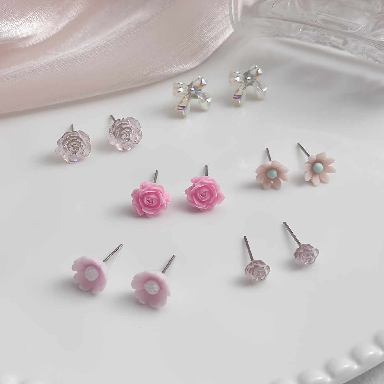 6 Pairs Colorful Flower and Bow Earrings Set