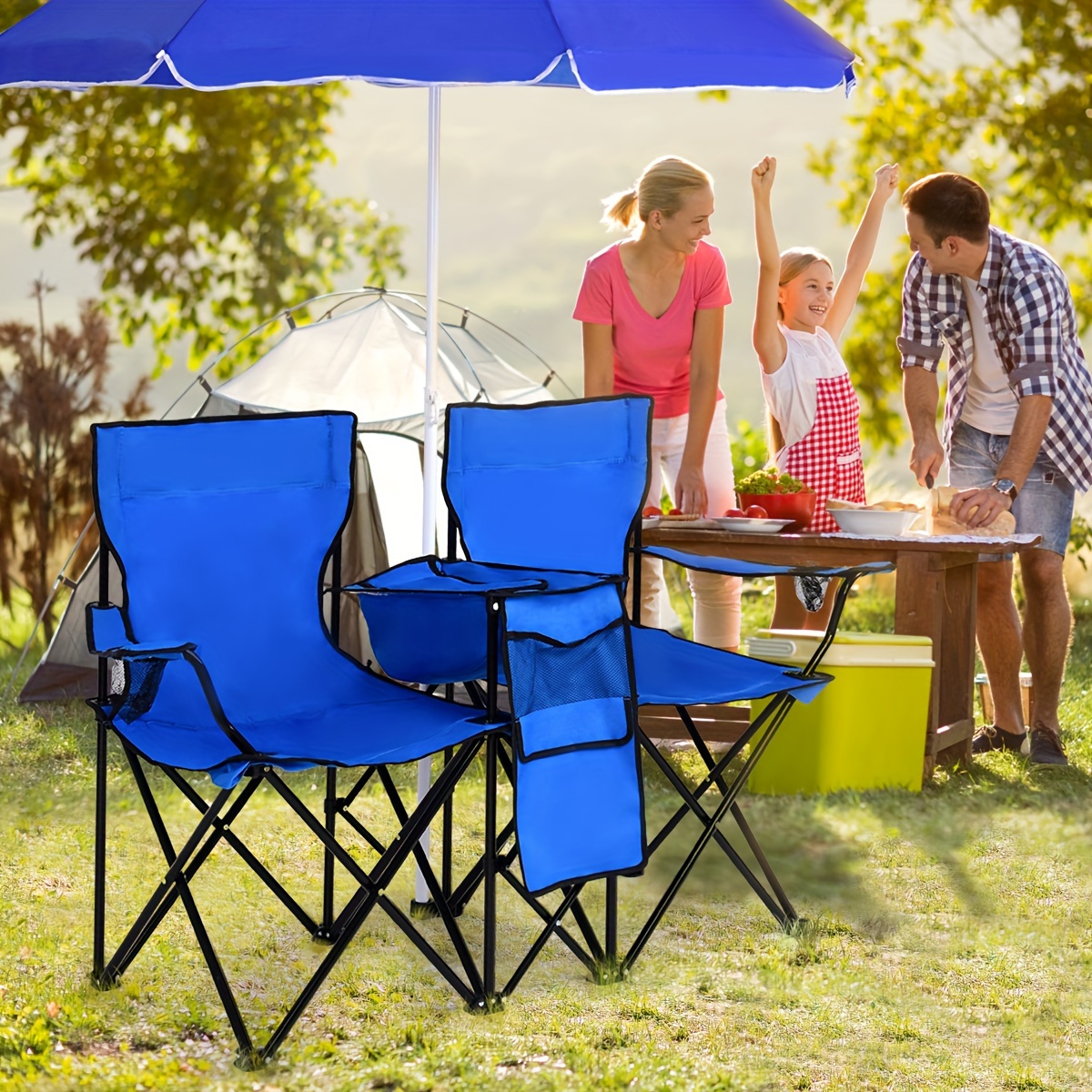 deluxe portable folding dual chair set built in umbrella cooler table beach camping backyard relaxation Product details 0