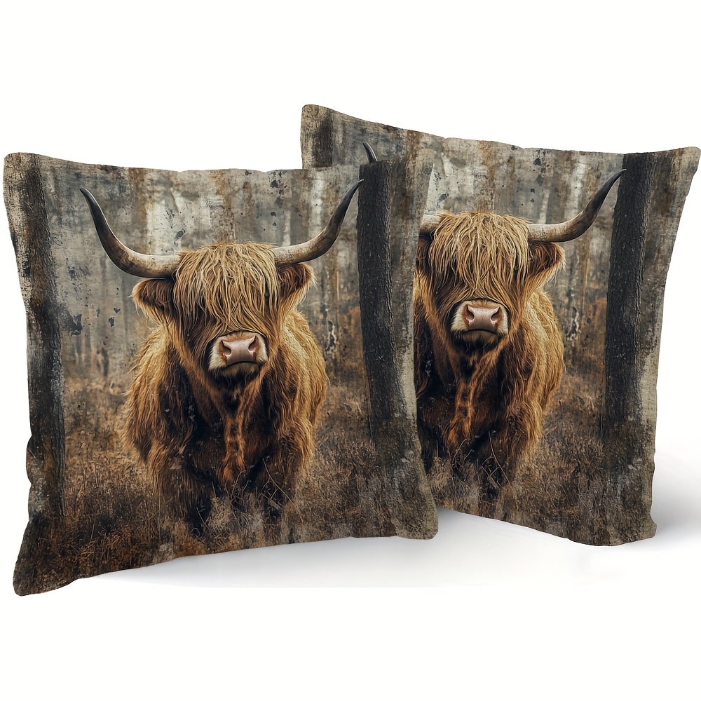 TEMU 2pcs Highland Cow Plush Pillow Covers, 18x18 Inch - Brown & White Long-haired Cows With Zipper Closure, Machine Washable Polyester, Contemporary