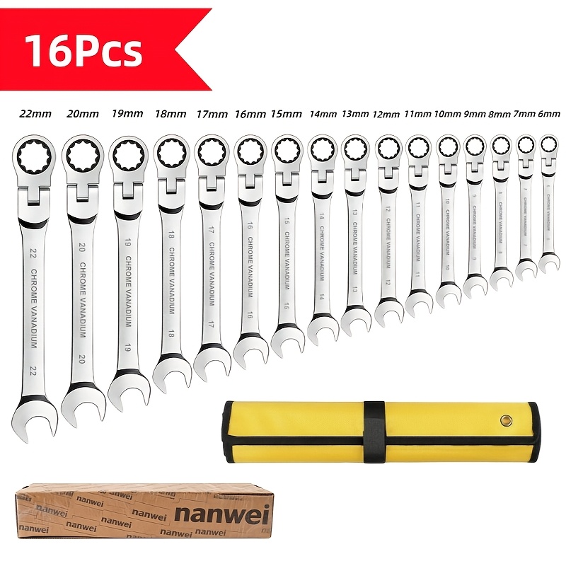 Ratcheting Wrench Set 16pcs, Multifuctional Combination Ended Spanner Kit Metric 6-22mm Chrome Vanadium -head Ratchet Wrenches With Carrying Bag
