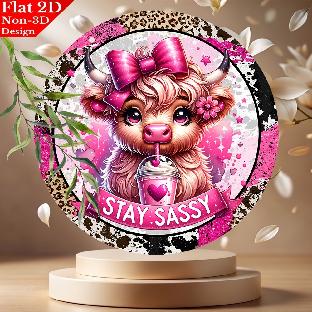 TEMU 2d Flat - This Is An 8"x8" Round Wall Decoration Featuring A Pink Highland Cow With "stay Sassy". It Has A Retro 2d Flat Print Design With