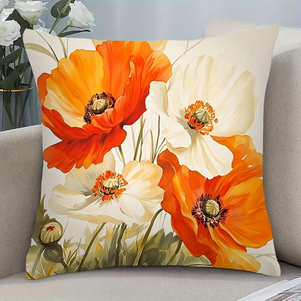 TEMU Housse de coussin carrée pièce en peluche courte, motif coquelicot aquarelle, 18x18 pouces, 100 % fibre de , fermeture à glissière, lavable en