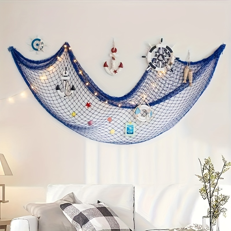 

Nautical Style Decorative Fishing Net With Seashells - Blue/beige Wall Art For Room Party Decoration - No Electricity Or Battery Needed