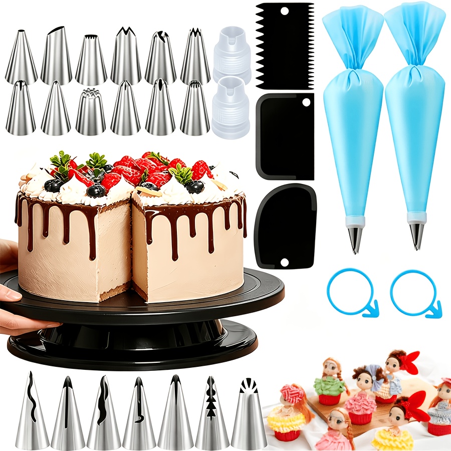 TEMU Kit de décoration de gâteaux 29 pièces, comprenant un tour à gâteau de 11 pouces, 19 douilles à pinceau, 2 connecteurs, 2 poches à douille de 12