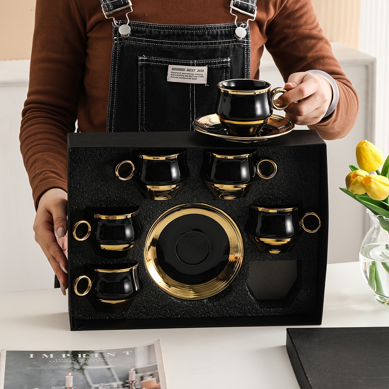 elegant gold trimmed black ceramic coffee cup and saucer set hand wash only bpa free microwave safe insulated easter theme reusable graphic pattern oval shaped multipurpose use for cold beverages ideal for adults luxury business gift 6 cups 6 saucers 150ml 5 29oz details 6