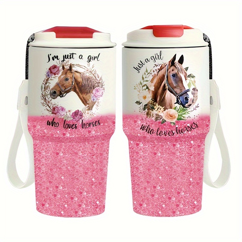 

Equestrian-themed 20oz Insulated Stainless Steel Tumbler With Handle & Straw - Keeps Drinks Hot Or Cold, Ideal For Travel
