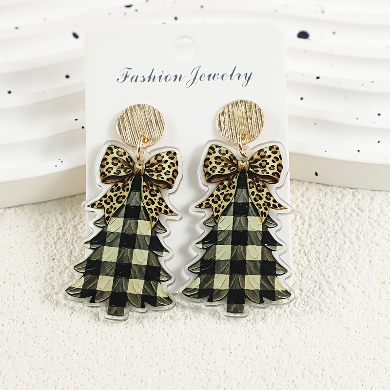 TEMU Distressed Black And White Checkered Leopard Print Bow Christmas Tree, Alloy Round Stud Earrings, Women's Acrylic Earrings