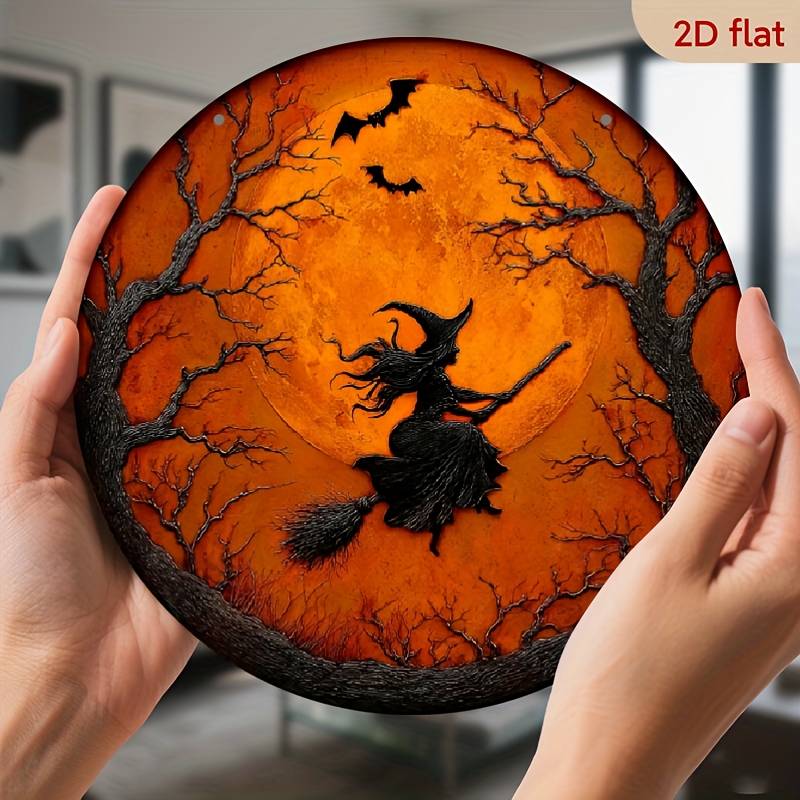 2d flat a single vintage halloween metal wall decoration featuring a witch on a broom an   and a bat   durable aluminum signs are suitable for   indoor and outdoor use   farmhouse style caves