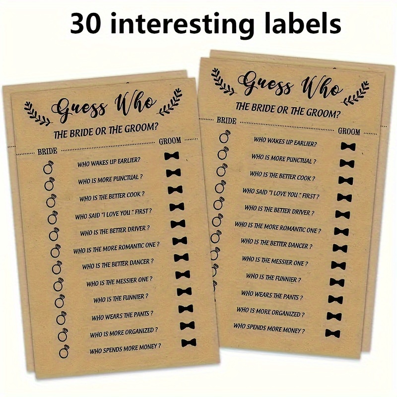 

30-piece Kraft Paper Tags For Bridal & Groom Guessing Game - Fun Wedding Party Activity Ideas, Perfect For Couples' Showers