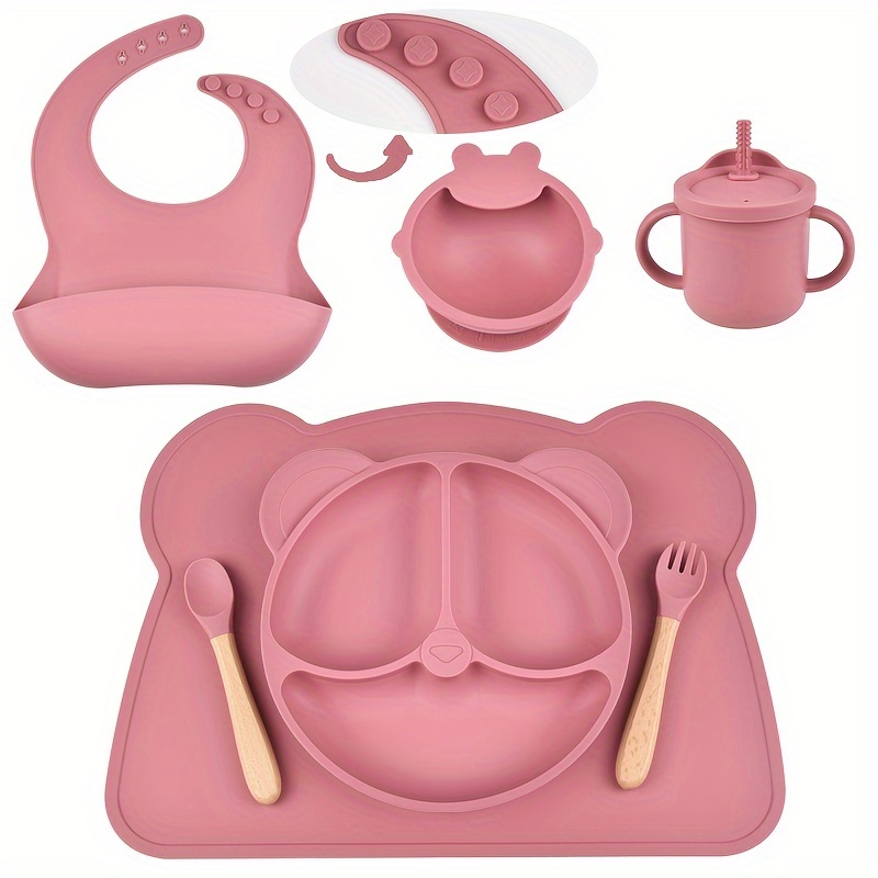 Image of 1 Set Of 7pcs Baby Tableware Set Boys Girls Cartoon Placemat Dinner Plate Bowl With Suction Cup Baby Children Bib Straw Cup Silicone Tableware Complete Set