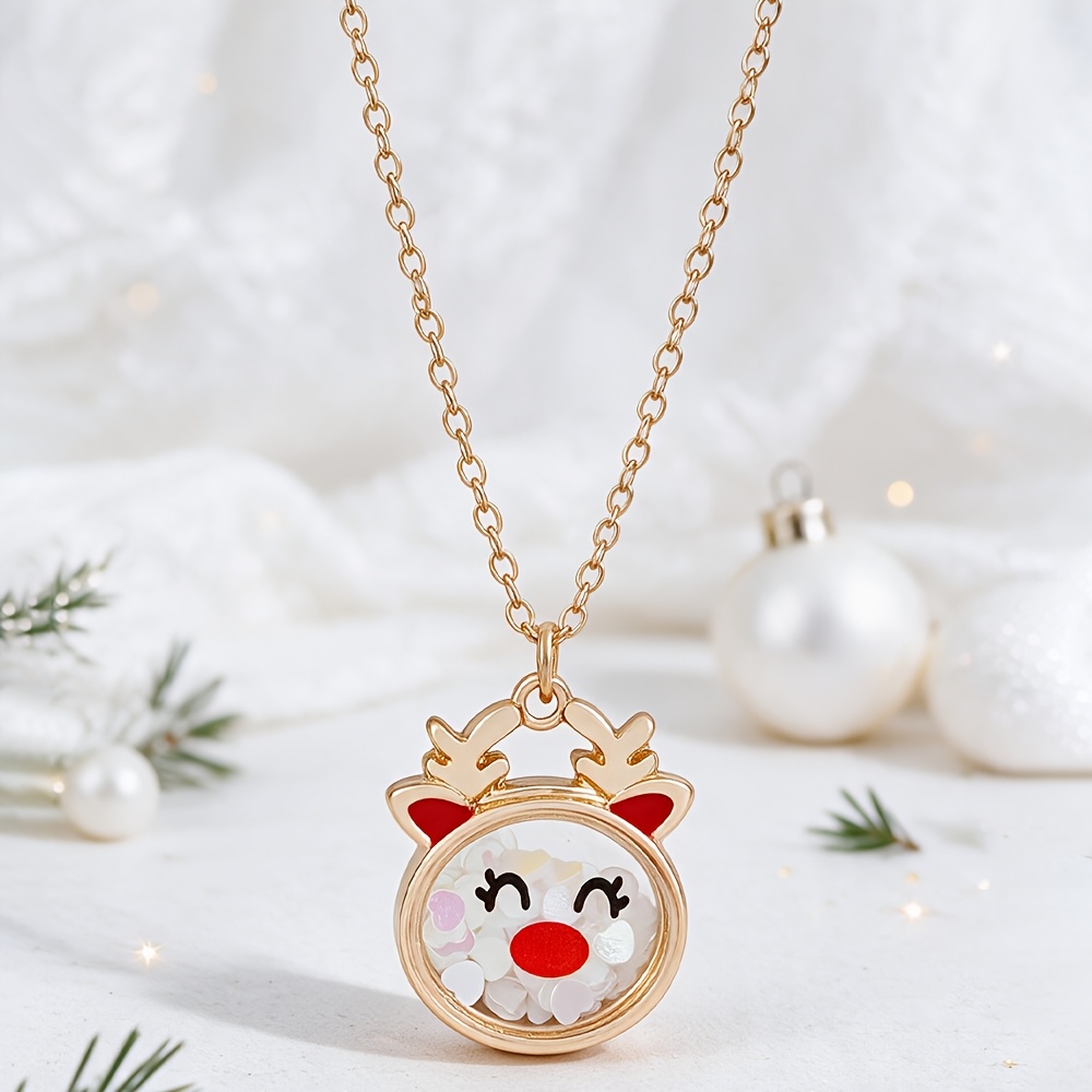 TEMU 1pc Kids Christmas Necklace, Santa Claus And Elk Pendant With Shakeable Glitter Filled Sequins, Fashion Novelty Christmas Jewelry Gift, Xmas