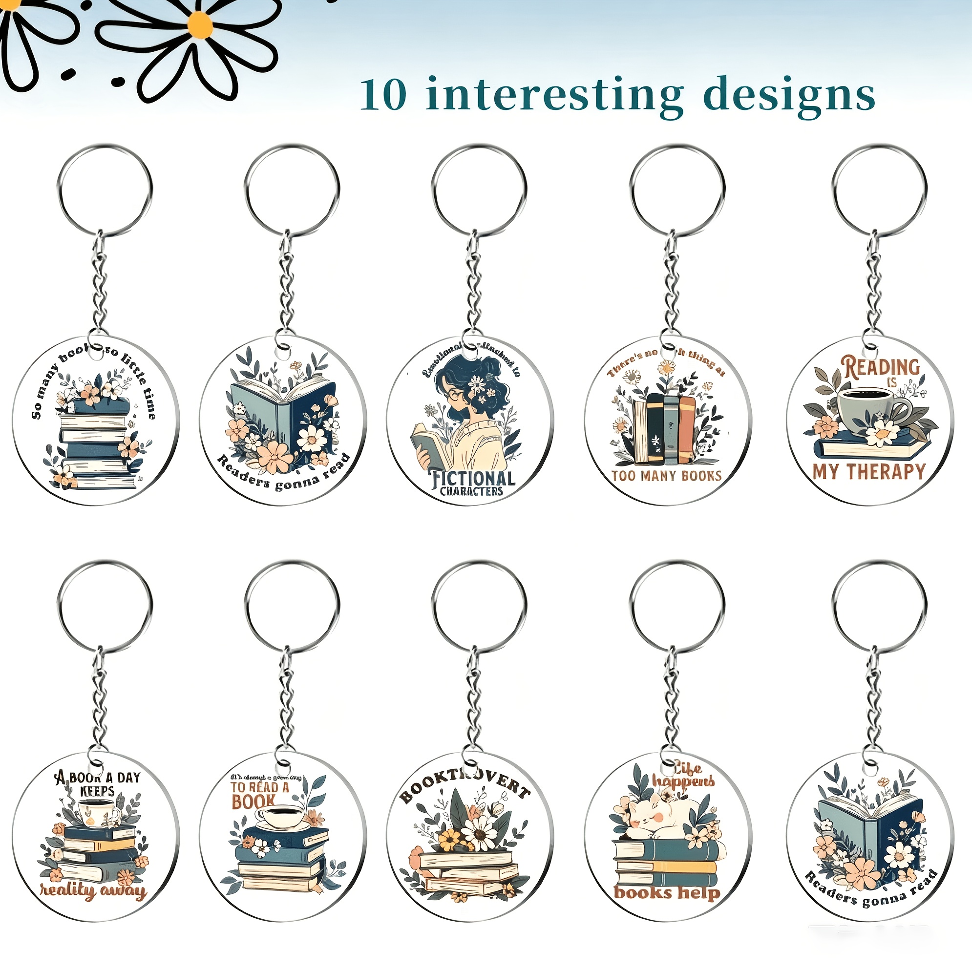TEMU 10pcs Elegant Boho Book Lover Acrylic Keychains, 1.97×1.97 Inches Round Decor Pendants With "reading Books Escapes Reality" Floral & Book