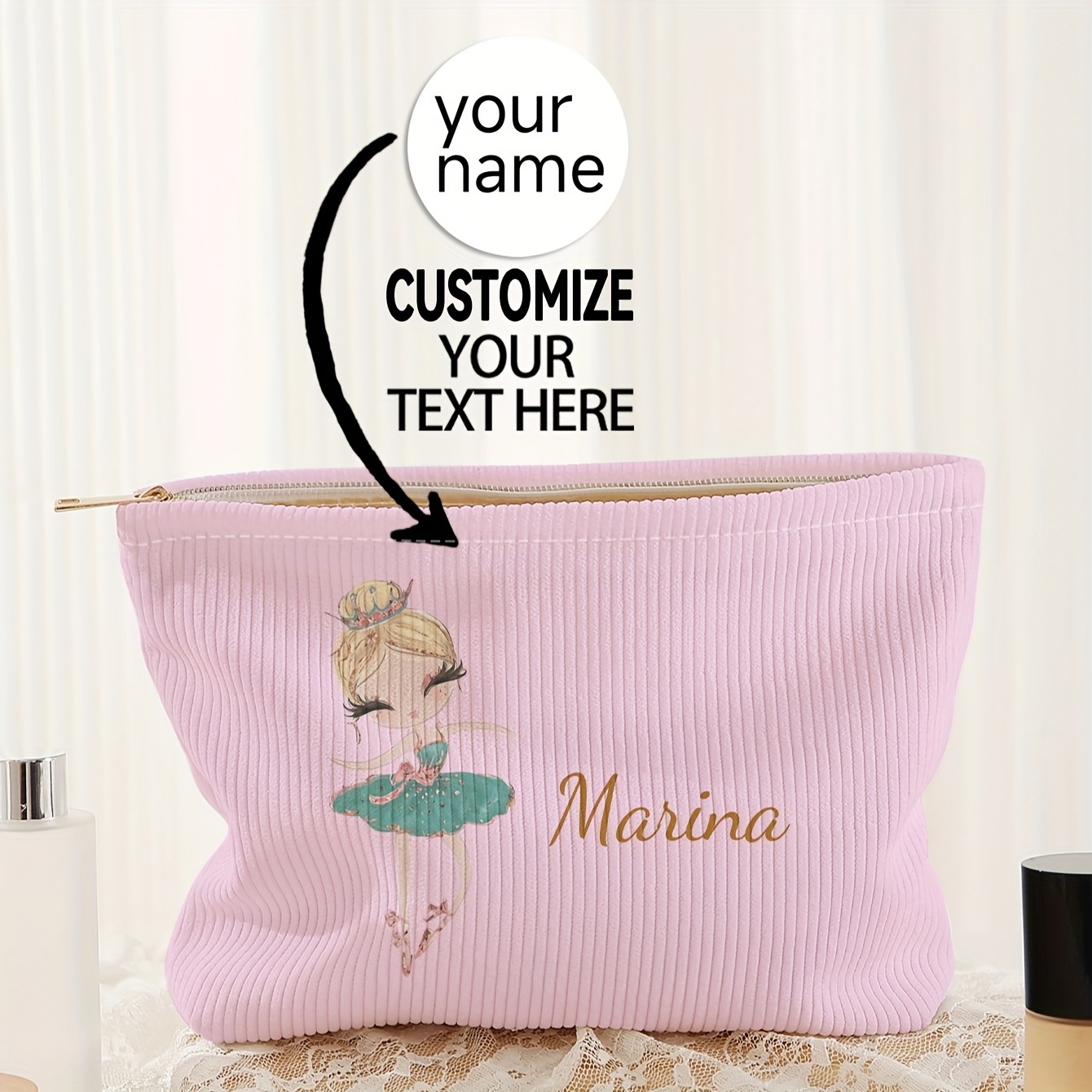 

1pc Personalized Polyester Makeup Bag With Custom Name Or , Fashionable Cosmetic Pouch With Zipper Closure, Accessory, Toiletry Organizer, Vanity Storage Bag - Unisex Adult, Unscented