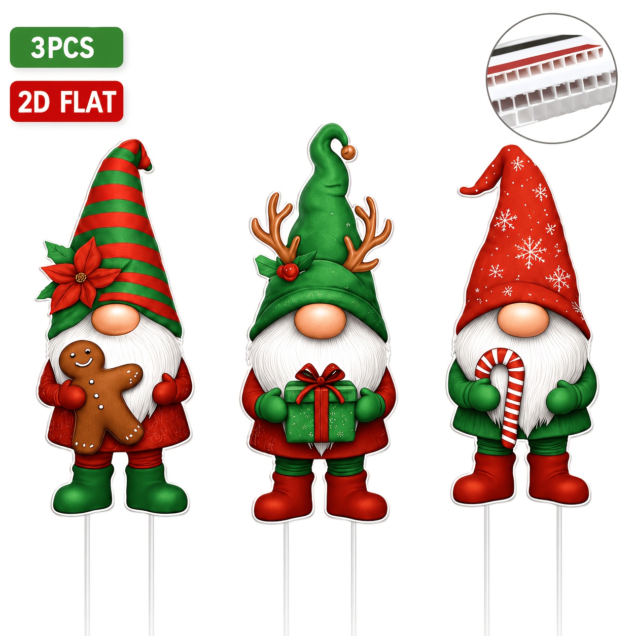 TEMU 3pcs 2d Flat Christmas Dwarf Yard Decorations With Gingerbread Candy Stick Gifts - Plastic Material, Outdoor Holiday Lawn Signs, On Poles,