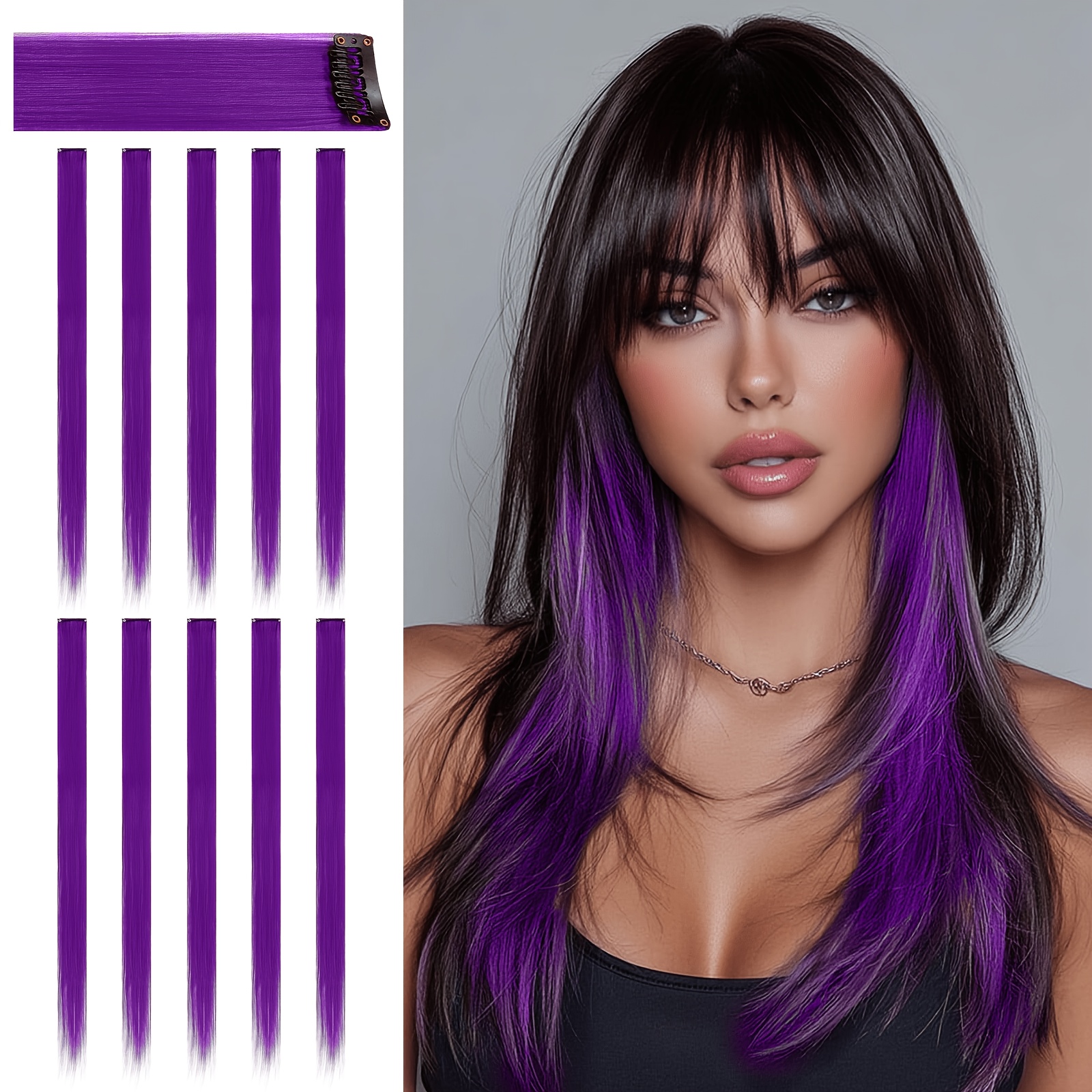 TEMU 10pcs Purple Hair Extensions | 24" Clip-in Hair Extension | Colorful Straight Long Hair Extensions Clip-in Hair Synthetic Straight Hair Piece