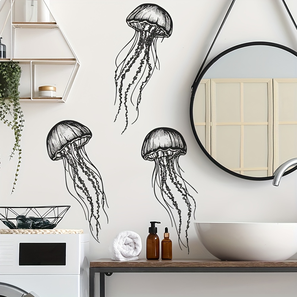 

Jellyfish Wall Decal For Bathroom, Bedroom - Self-adhesive Removable Pvc Sticker, Black , Irregular Shape, 30x90cm/11.8x35.4inch, Bathroom Wall Stickers