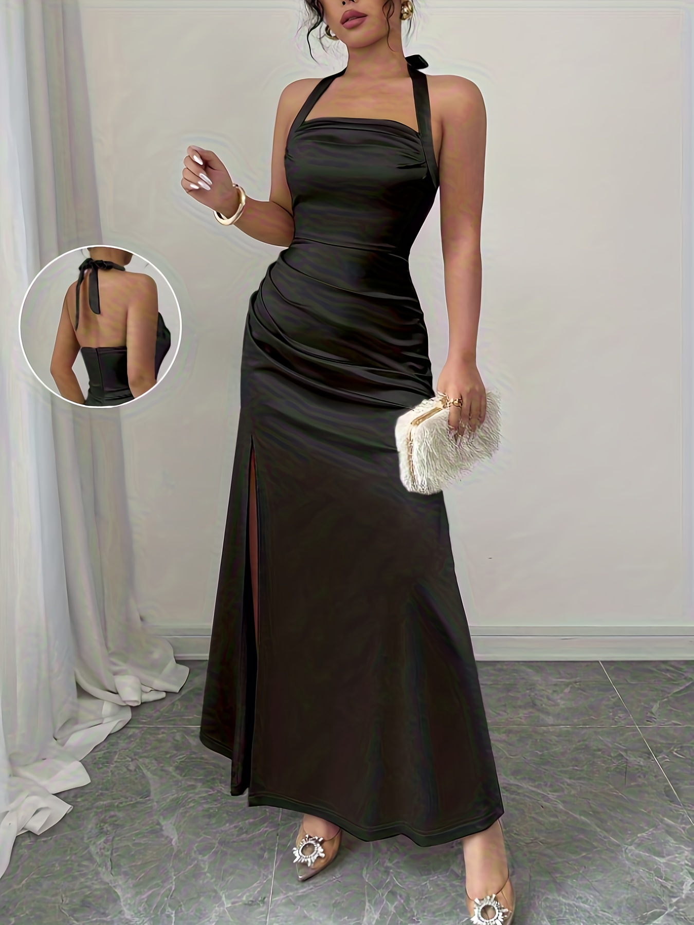 elegant colored fit satin slip dress side - Temu Qatar
