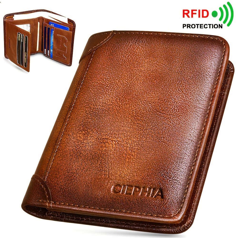 

Rfid Blocking Fold Genuine Leather Men', Top Layer Cowhide Retro Short Multifunctional Credit , Wallet With 2 Id Windows To Give Gifts To Men