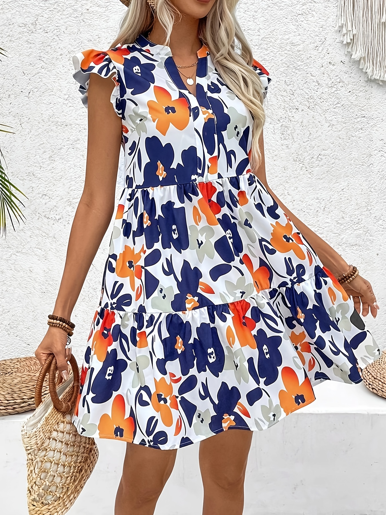 womens floral print notched v neck mini dress short - Temu