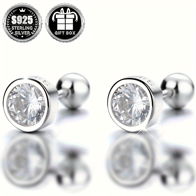 Classic Geometric Round Zirconia Stud Earrings 925 Silver No Plating
