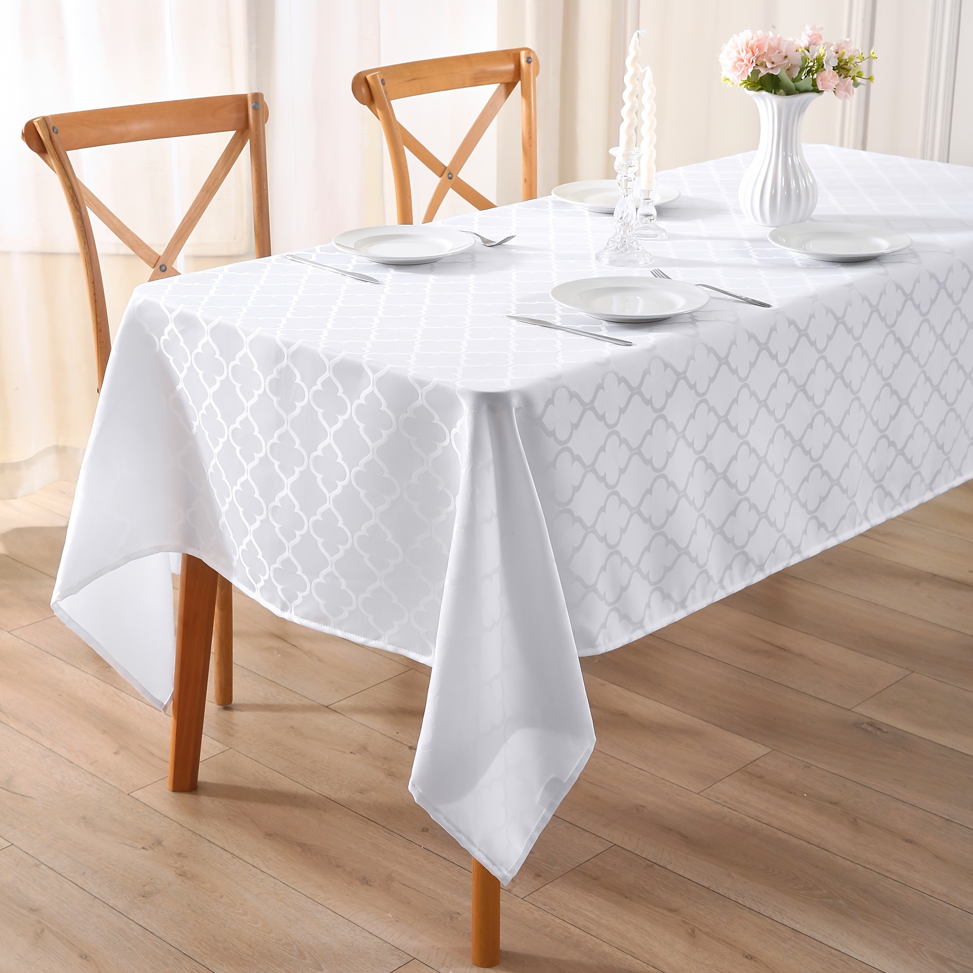 

Elegant White Jacquard Tablecloth - 60x84" Waterproof & Wrinkle-resistant, Spill-proof Polyester Cover For Dining & Parties, Indoor/outdoor Use