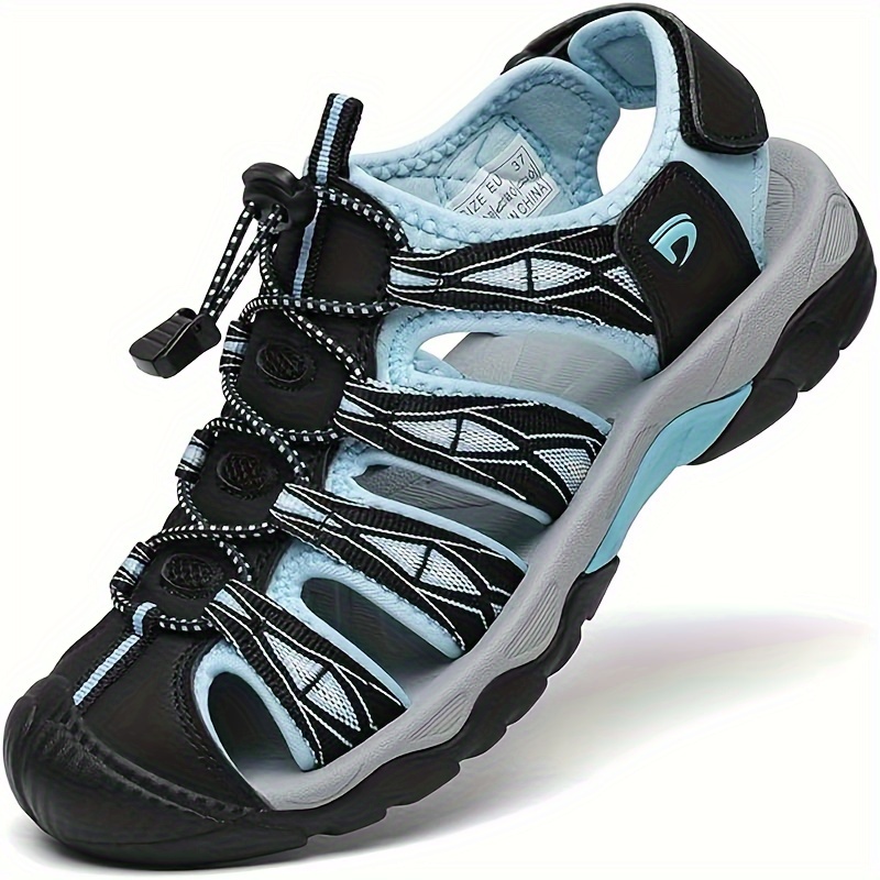 womens breathable closed toe sport sandals with adjustable hook and loop closure non slip rubber sole elastic cord lace lightweight fisherman style outdoor walking hiking water shoes for summer black light blue ladies sandals