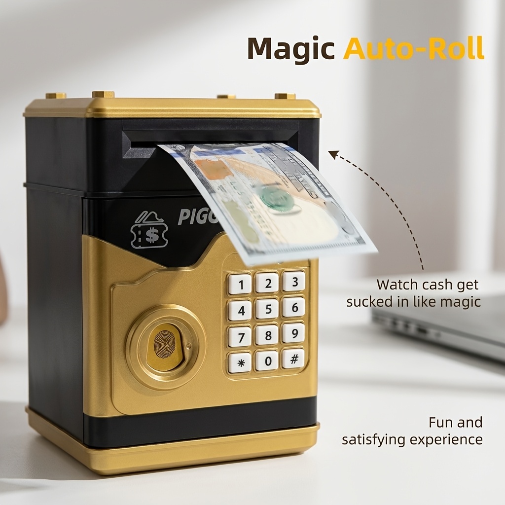 electronic money   ages 3 with password lock simulated fingerprint button atm style automatic cash intake large capacity   resistant coin bill saving box financial literacy educational toy gift for boys girls ideal