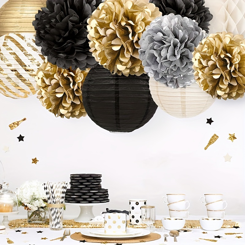 

11pcs Party Decorations Set, Paper Pom Poms And Lanterns, Black Golden And Grey, No Feathers, Non-electric Decor For Christmas And New Year Celebrations