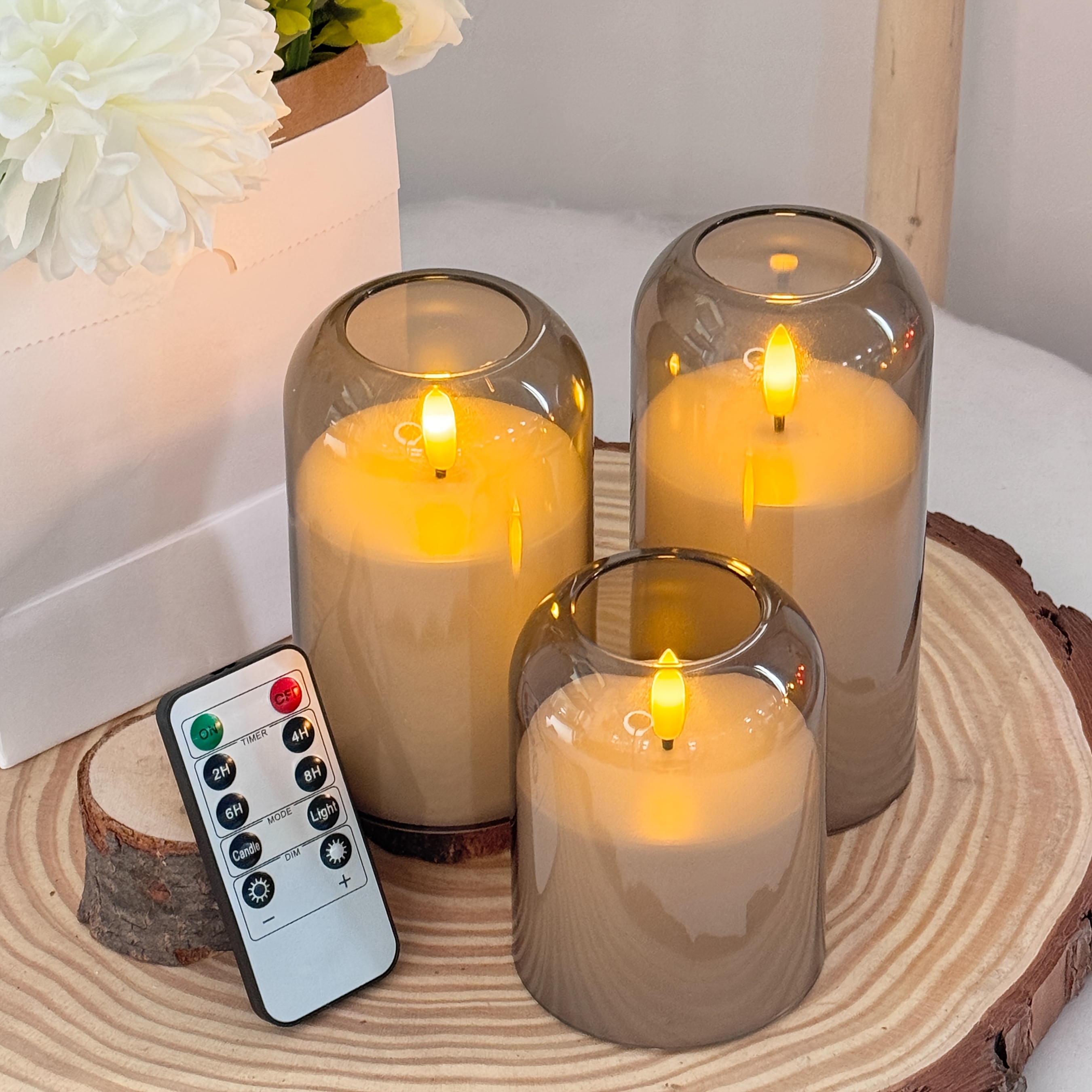 Gray/white Flameless Candles With Timer, Operated Candles With 10-key Remote, Safe And Durable, Led Flickering Wick. Suitable For Candle Home Decoration, D3'' H 4"5"6", Set Of 3, Christmas, Halloween