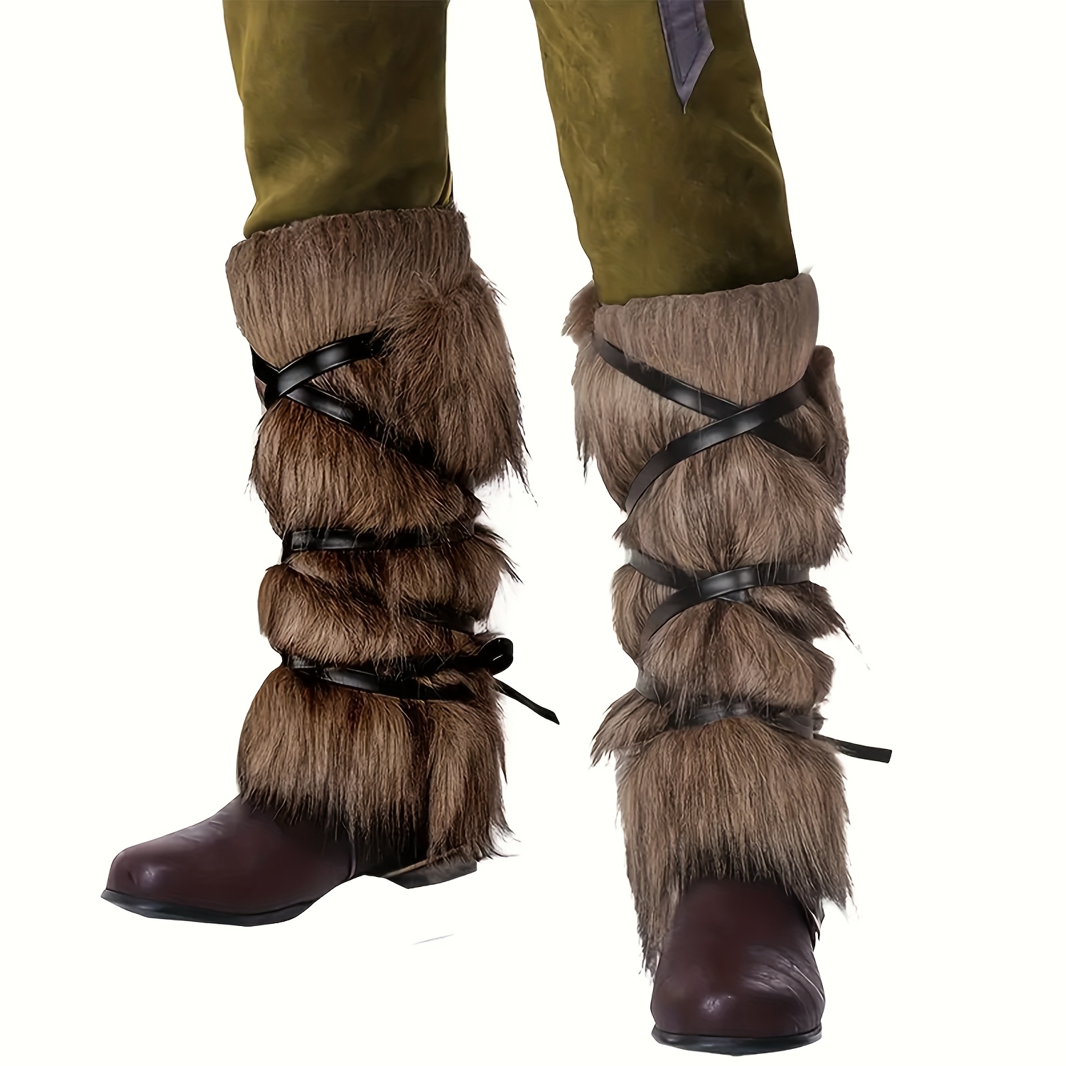 1 Pair Medieval Viking Brown Faux Fur Leg Warmers with Adjustable Straps - Fluffy Costume Accessories for Halloween, Cosplay, Renaissance Fairs & Themed Parties, Halloween Costumes