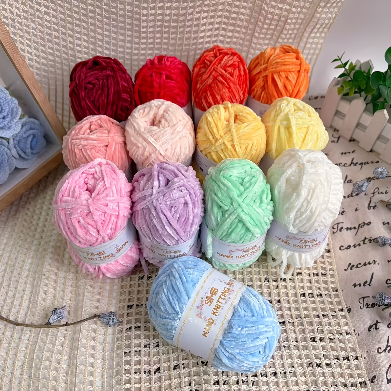 13 Skeins Hand-Knitted Medium-Weight Chenille Yarn Bundle