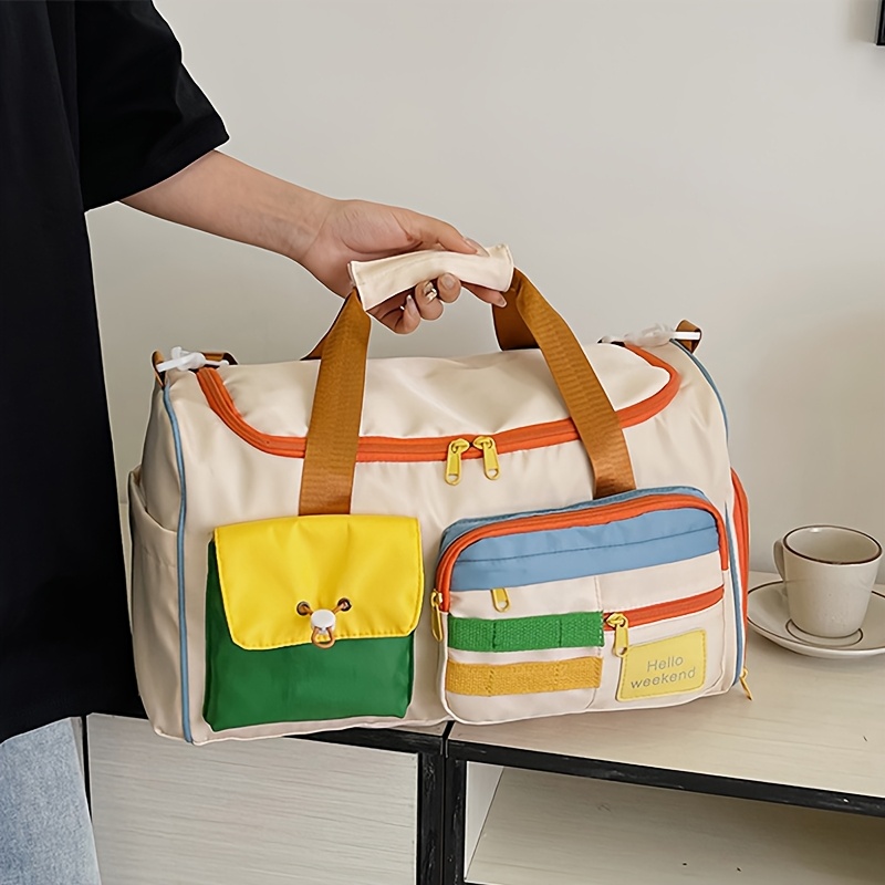 TEMU Colorful Retro Bag, Large Capacity Nylon Travel Duffel With Shoe Compartment & Adjustable Shoulder Strap, Gym & Yoga Bag, Carry-on Luggage Bag With Trolley Sleeve