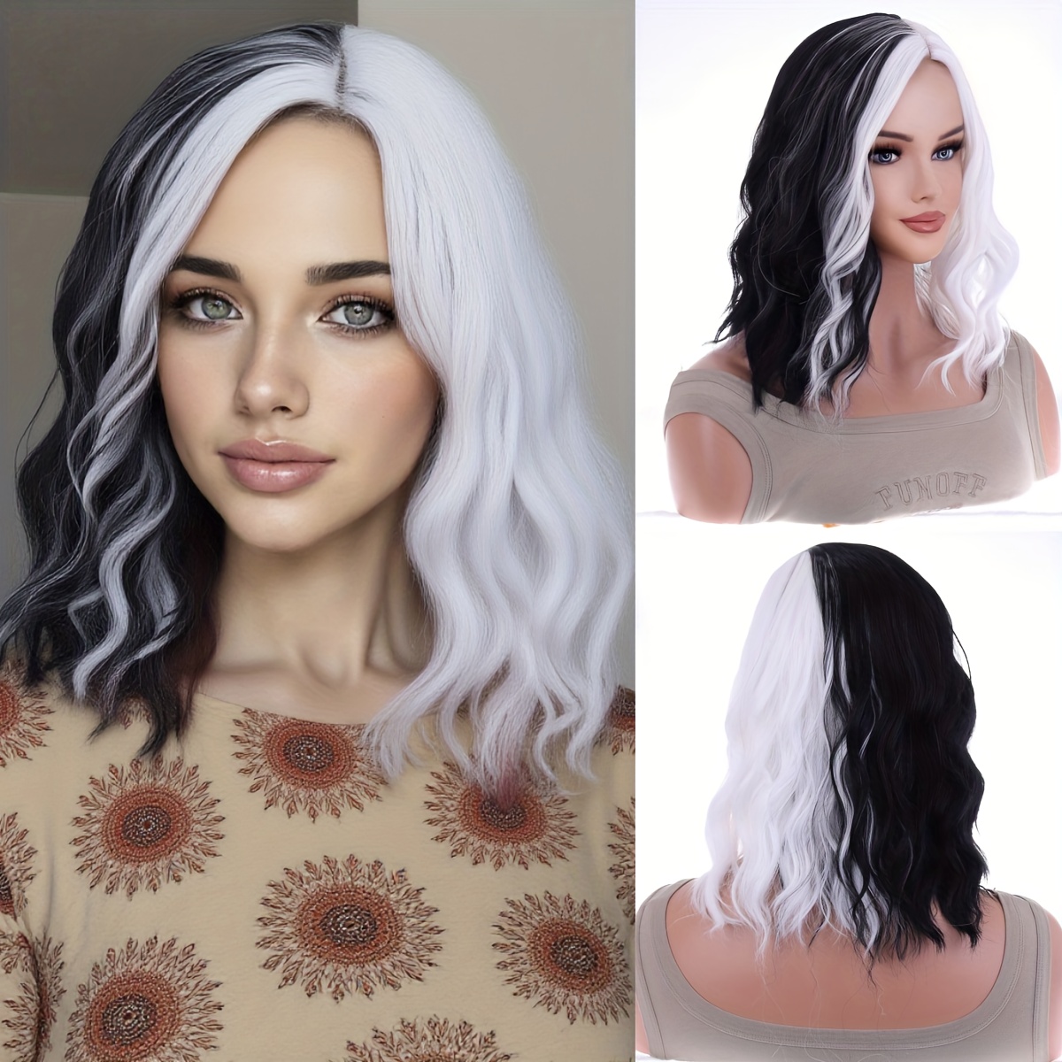 Image of Black And White Dual-tone Curly Shoulder-length Short Hair 14 Inches Suitable For Halloween Or Cosplay Styling
