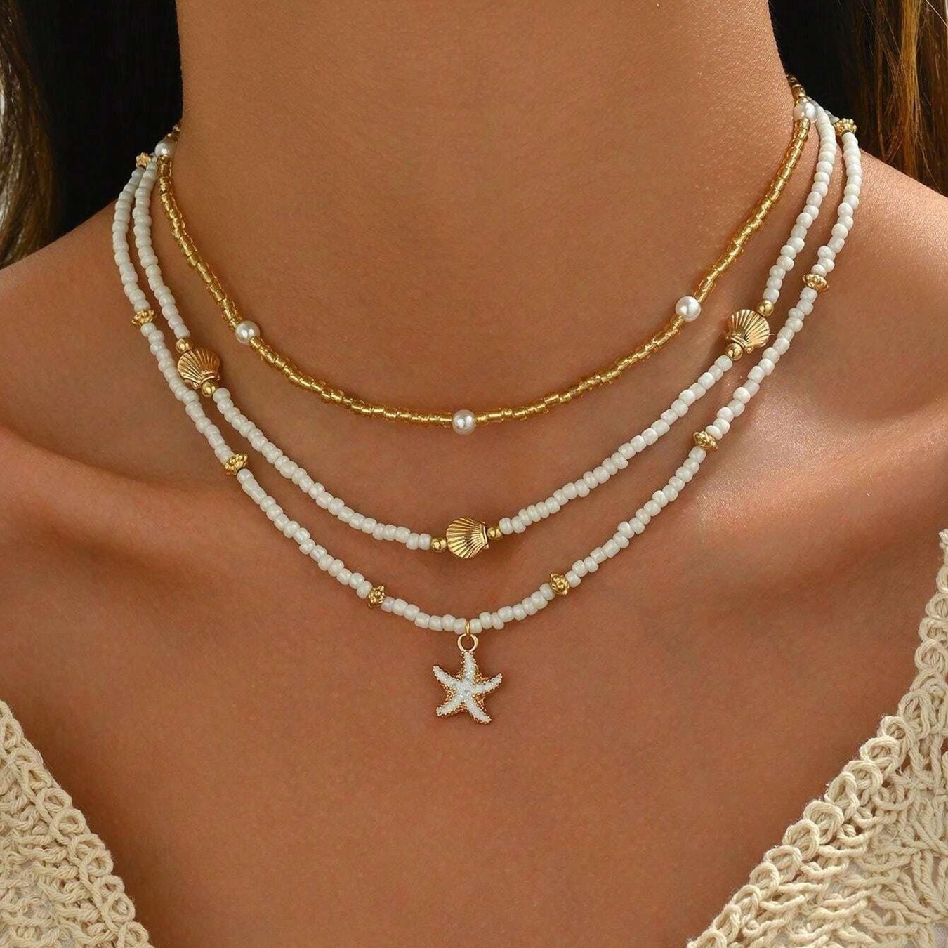 TEMU Set di 3 collane a fatte a con perline di vetro e design boh矇mien, ideali per un soggiorno al mare. Ornate con pendenti a stella marina,