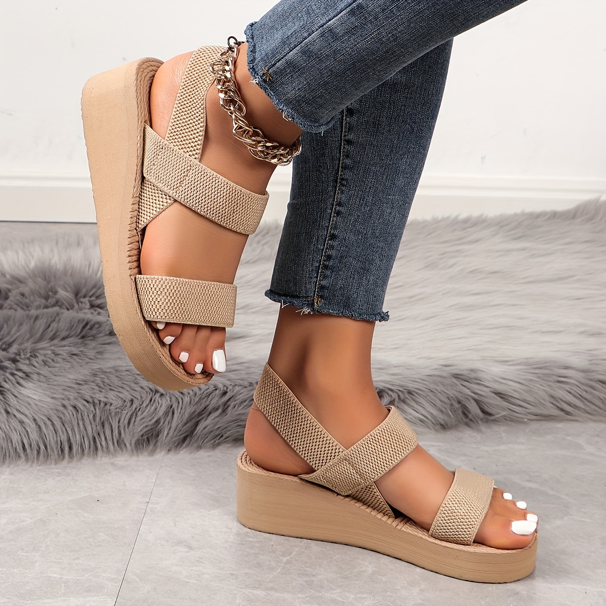 chic summer womens high heel sandals beige straw texture fabric open toe with ankle strap comfortable eva sole fashion wedge heels for beach and travel strappy sandals Product details 2