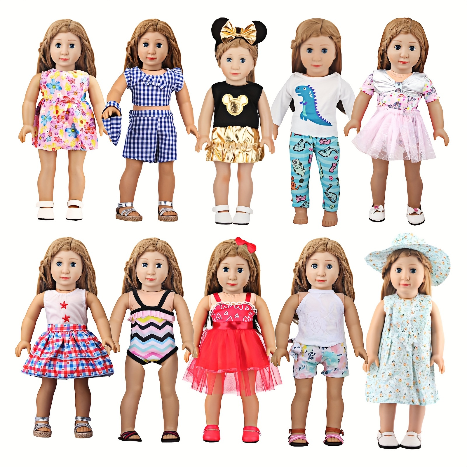 

10 Sets Of 18 Inch American Doll Clothes, Including 10 Of Doll Clothing Dress Outfits For American Dolls, Birthday Gifts For Kids