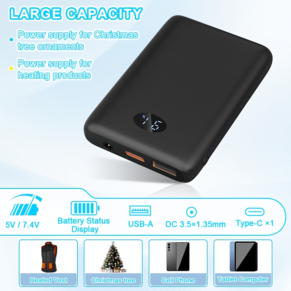 TEMU Batterie chauffante de grande capacité 7.4V (/ USB/ Type-C, Charge rapide, Écran LED) - Alimentez vos vêtements chauffants adaptés à des
