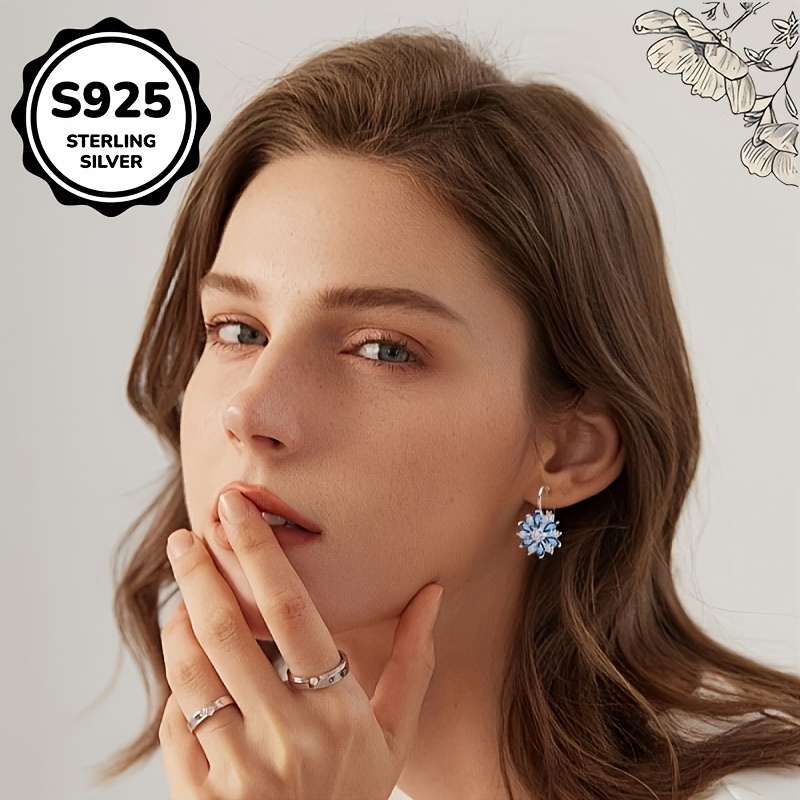 TEMU 925 Sterling Silver Blue White Snowflake Hoop Earrings - Winter Floral , Hypoallergenic - Versatile Daily/ Party Jewelry With Gift Box For Birthday/ Anniversary/ Valentine's Day