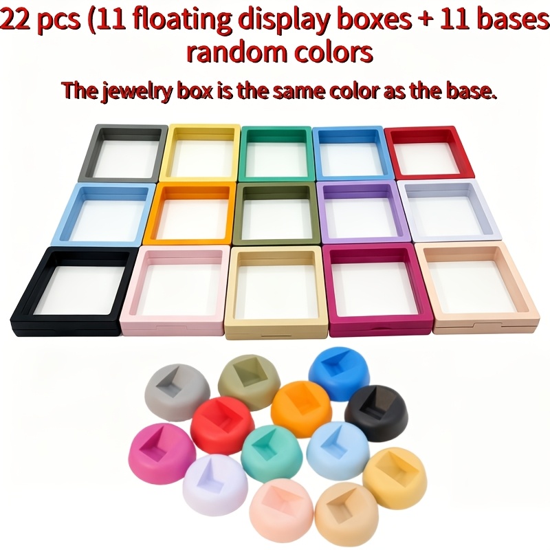 TEMU 22pcs (11 Floating Boxes + 11 Bases), Random Colors, Transparent 3d Jewelry Storage Boxes, Portable For Earrings Rings Insect Specimens Mini
