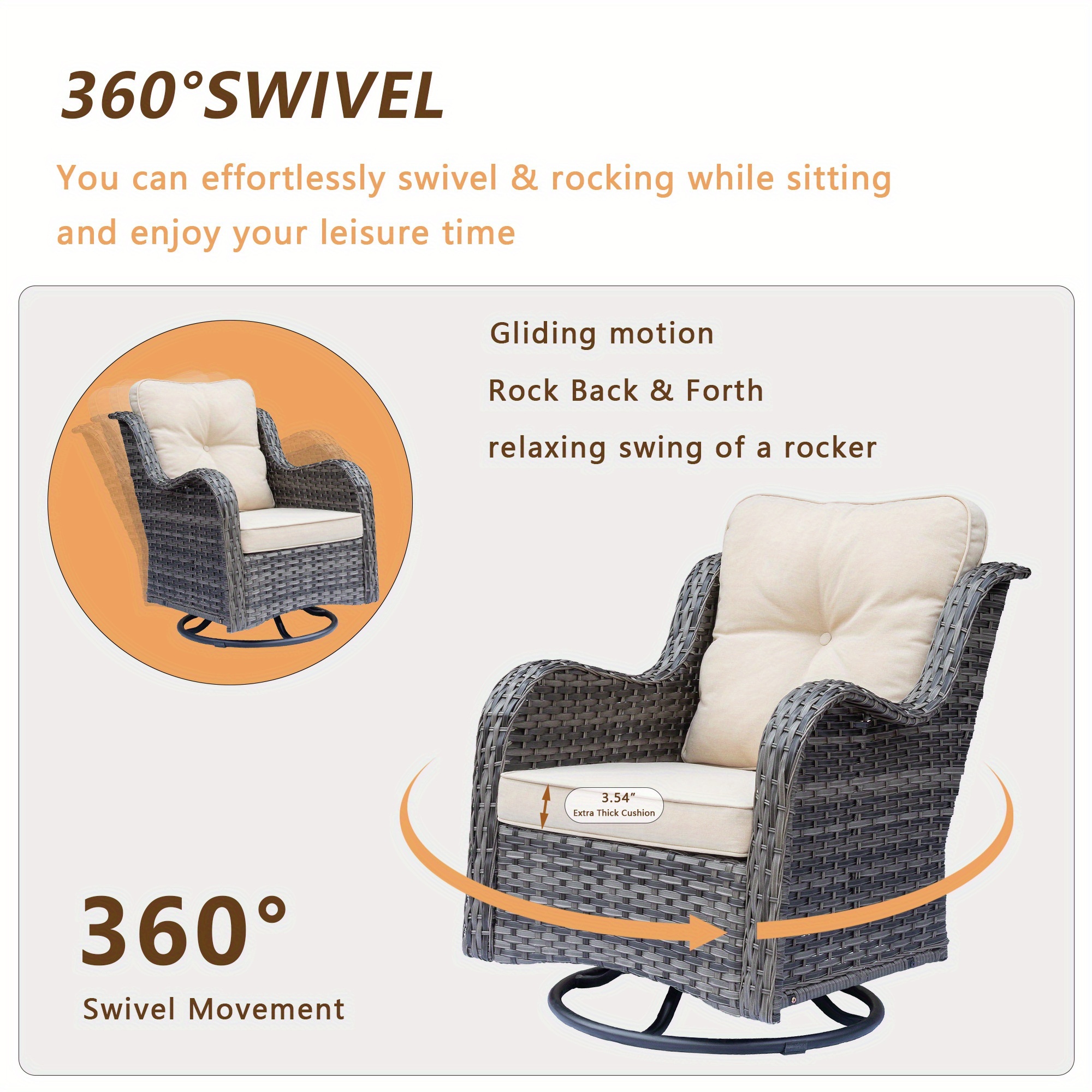9pcs outdoor rattan furniture set made from all weather materials featuring 360 swivel rocking chairs a sofa ottomans and a tempered glass side table this high quality wicker is   Product details 4