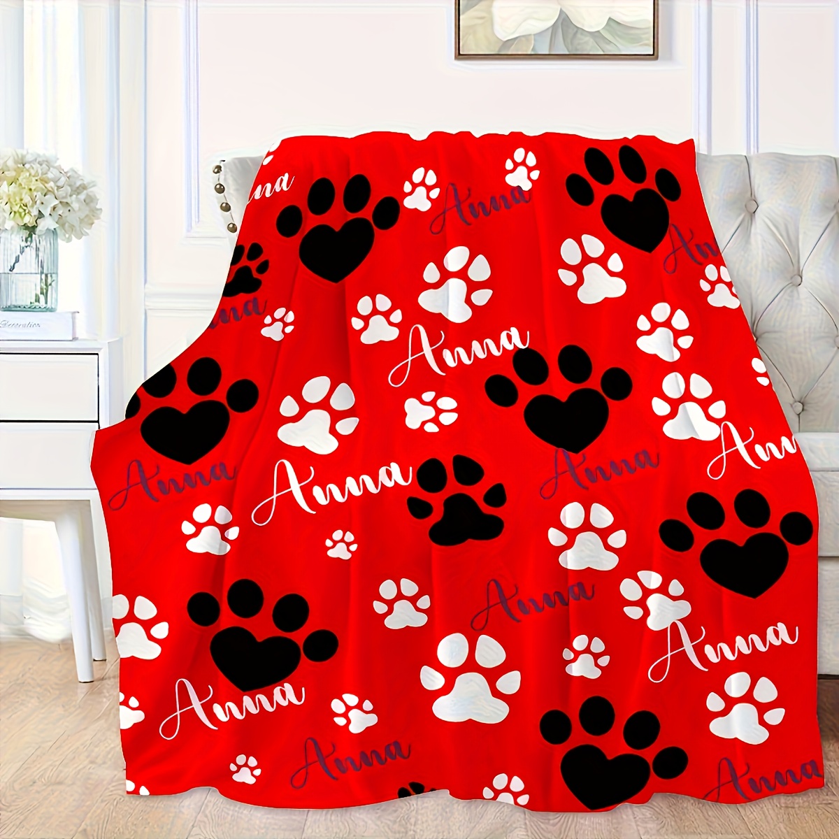 TEMU Couverture personnalisée pour chien avec de patte et nom de l'animal, Couverture personnalisée pour chiens, Couverture en flanelle mignonne pour